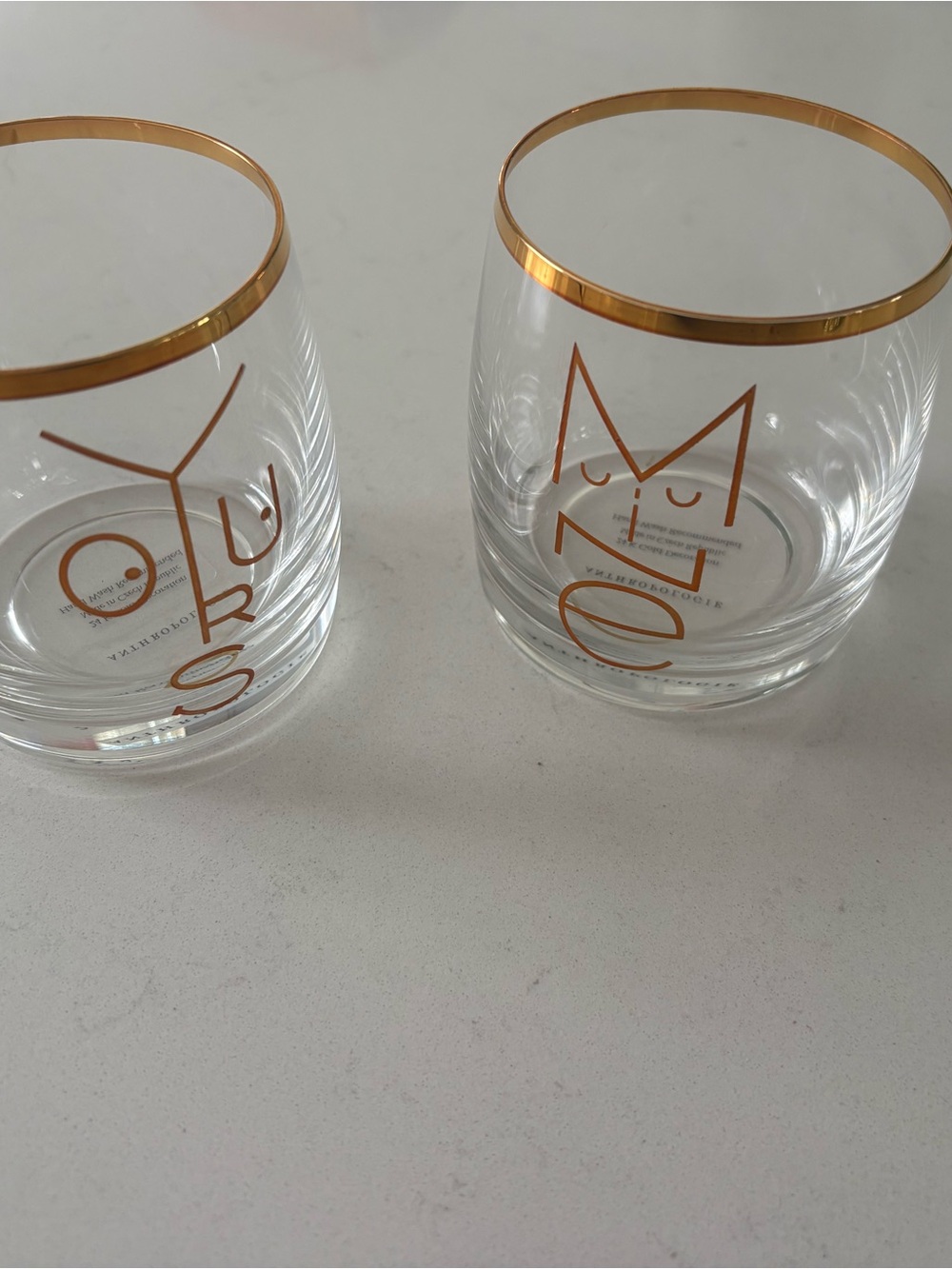 New Anthropologie 24K Gold Rim "Yours & Mine" Glass Set – Made in Czech Republic